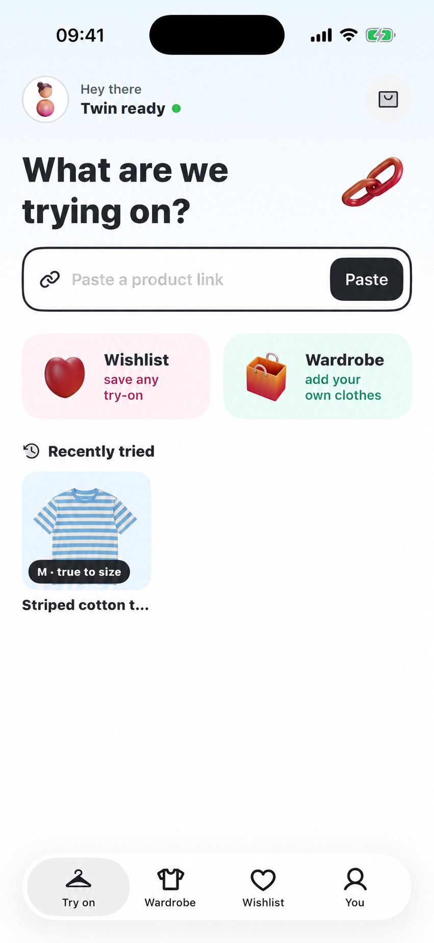 OnU Try on home screen with a sample striped tee
