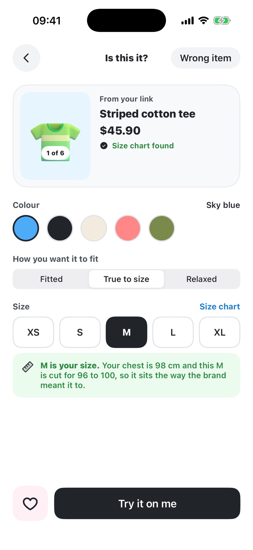 OnU size selection screen showing M selected
